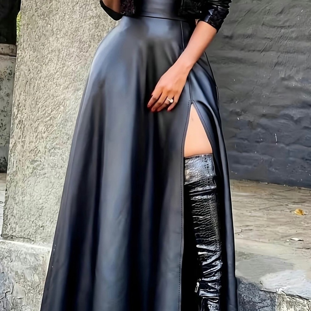 Chic Gray Maxi A-Line Skirt with High Slit